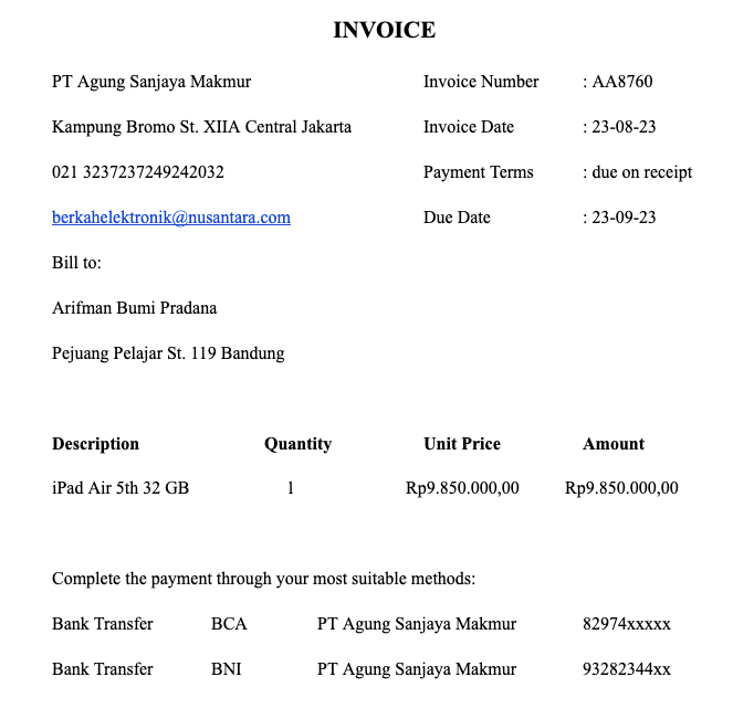 contoh invoice dalam bahasa inggris